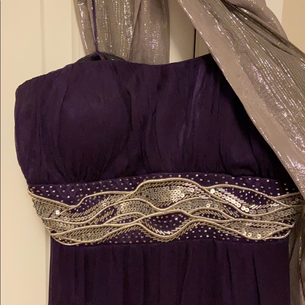 Strapless purple silk gown with silver beading